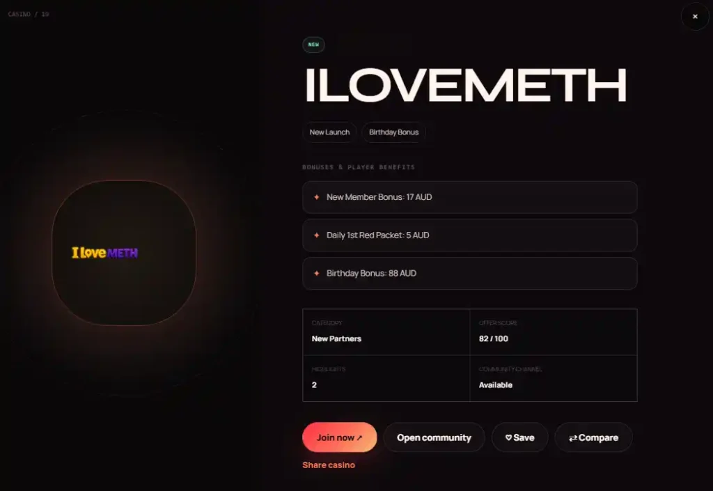 Current Ultra Pokies listing showing ILOVEMETH promotion amounts for verification