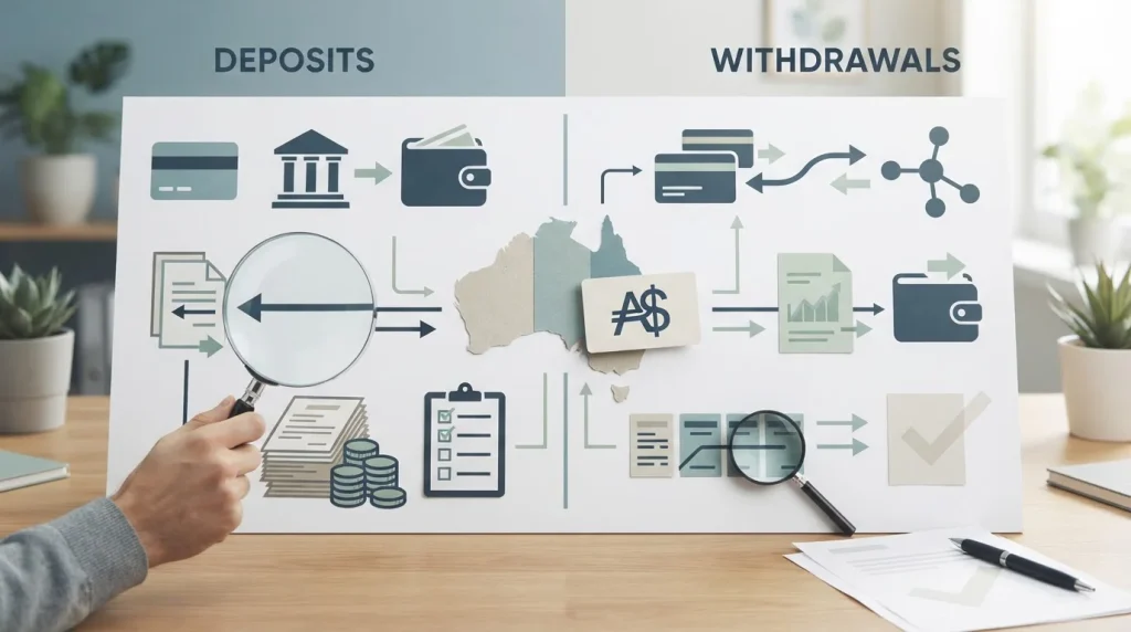 Conceptual AUD payment verification checklist separating deposits from withdrawals