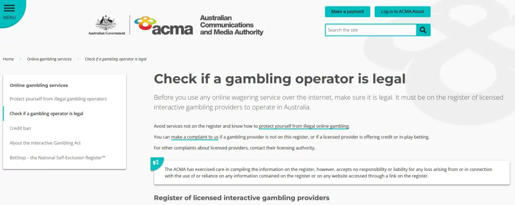 ACMA register context used to check licensed interactive gambling providers in Australia