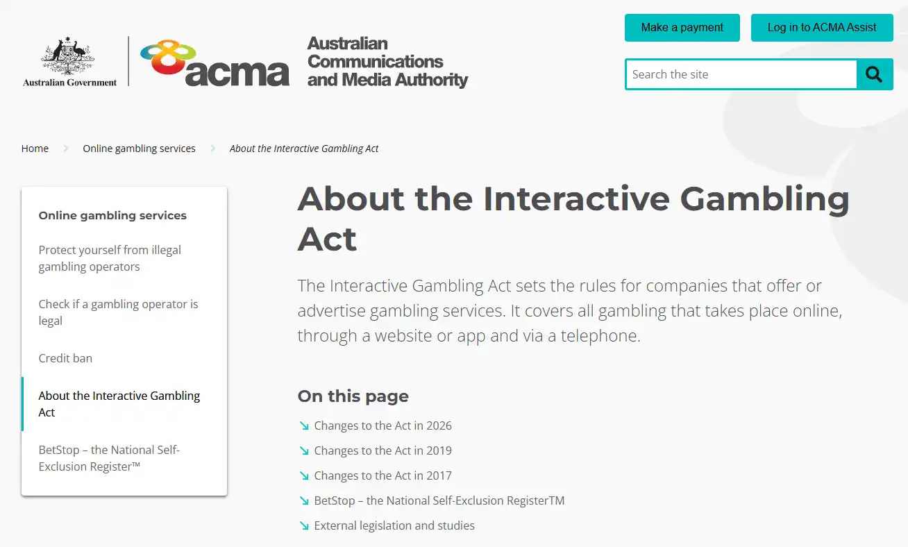 Current ACMA Interactive Gambling Act page showing online casino prohibition context